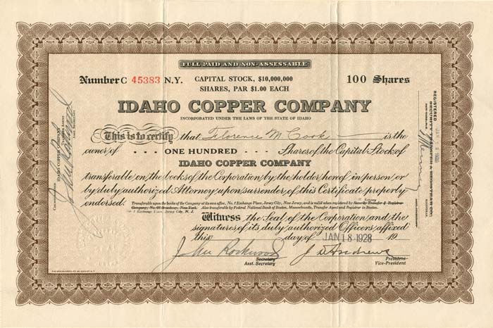 Idaho Copper Co. - Stock Certificate